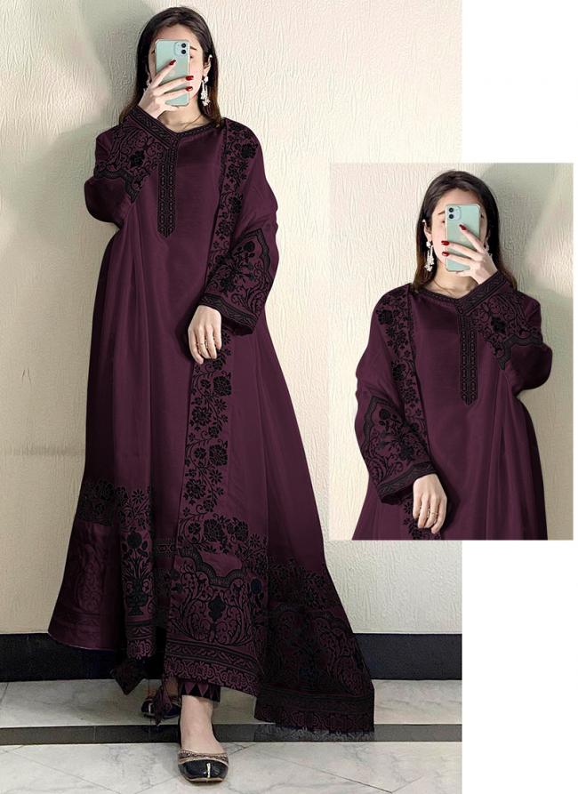 Faux Georgette Wine Traditional Wear Embroidery Work Pakistani Suit